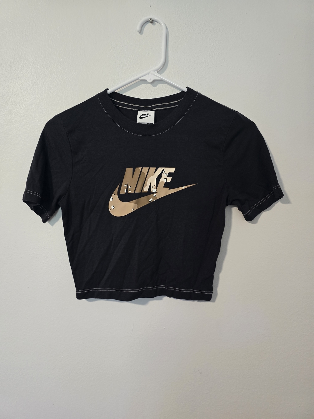Nike Black Cropped Tee with Camo Gold Logo